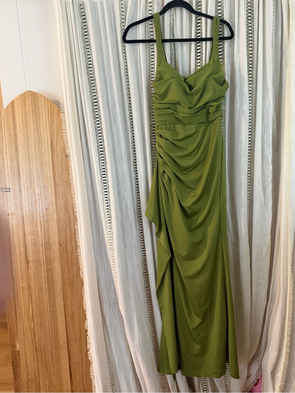 Olive Green Ruched Sleeveless Maxi Dress